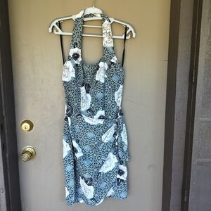 Y2K La Belle Floral and Geometric Print Halter Faux Wrap Dress in Blue and White
